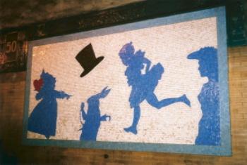 Photo of mosaic Alice-in-Wonderland mural in New York Subway