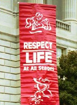 Red banner: 'Respect Life At All Stages,' 
with pictures of baby at top and granny at bottom