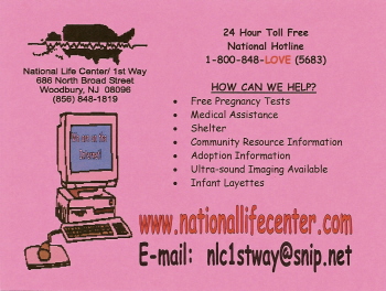 National Life Center card that offers pregnant women free assistance--including medical aid, shelter, and baby layettes