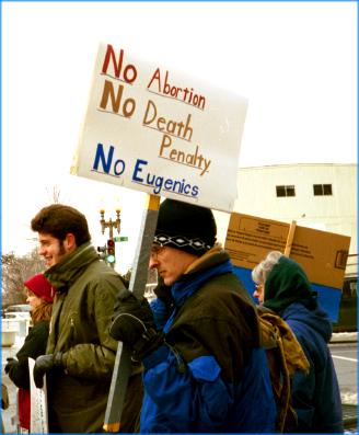Sign at March for Life: 
'No Abortion/No Death Penalty/No Eugenics'