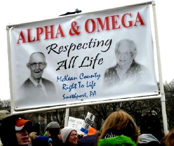 Banner shows two elderly people and slogan, 'Respecting All Life'