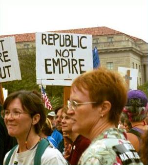 Antiwar marchers with 'Republic/Not Empire' sign